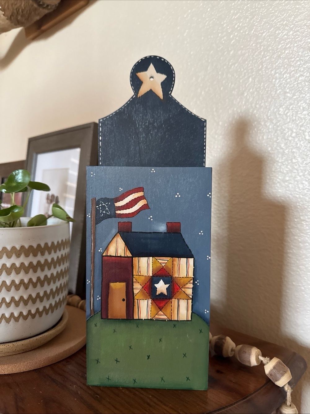 Primitive Americana Wall Pocket Box Folk Art House Flag Star Country Decor 14”